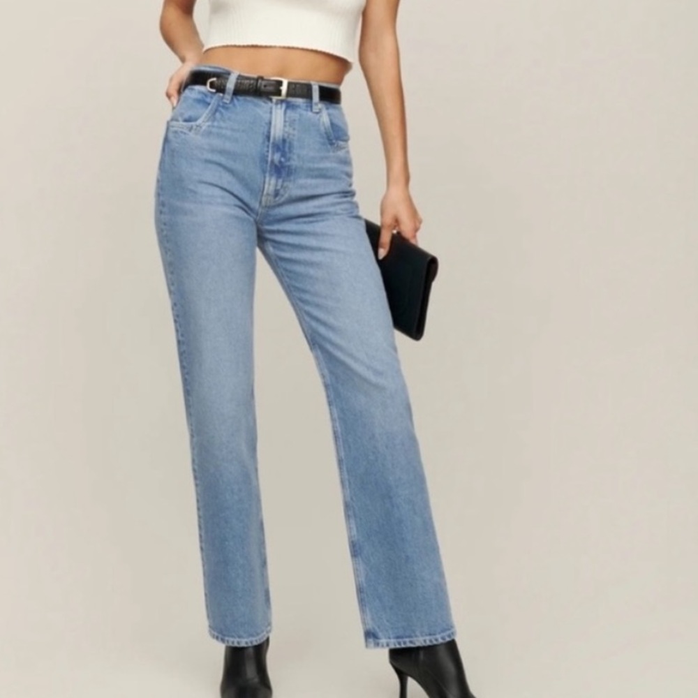 Reformation Cowboy Pointed Pocket High Rise Straight Jean Size 28 Blue J…